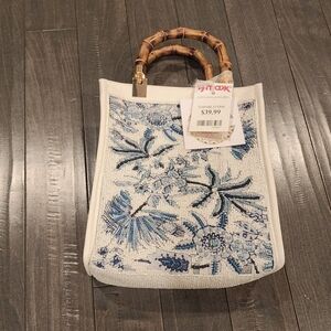 Women's Beaded Floral Tote with Bamboo Handles -White and Blue From India To You